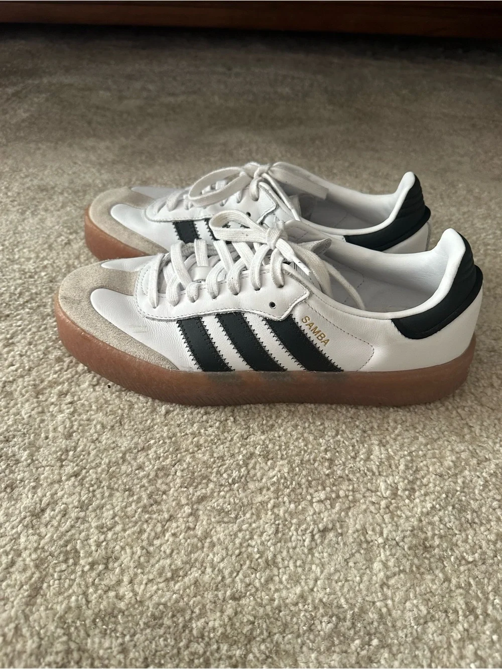 adidas White Sneakers with Black Stripes and Gum Sole